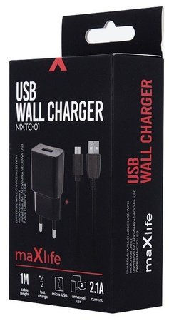Ładowarka sieciowa zasilacz 2.1A Maxlife +kabel Micro USB Fast Charge czarna