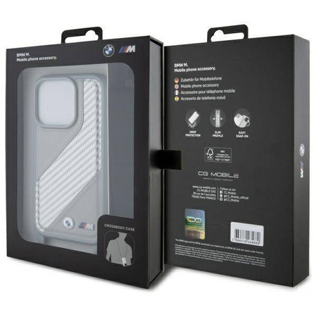 Original Handyhülle IPHONE 16 PRO BMW Hardcase M Edition Carbon Stripe & Strap (BMHCP16L23PSCCG) grau