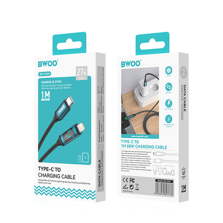 BWOO kabel USB-C - Lightning 1m 27W z wyświetlaczem led pleciony czarny