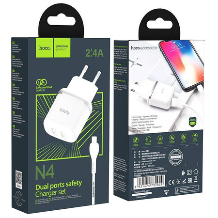 Ładowarka Sieciowa 2,4A 2xUSB + Kabel 1m iPhone Lightning Hoco N4 Smart Dual USB biała