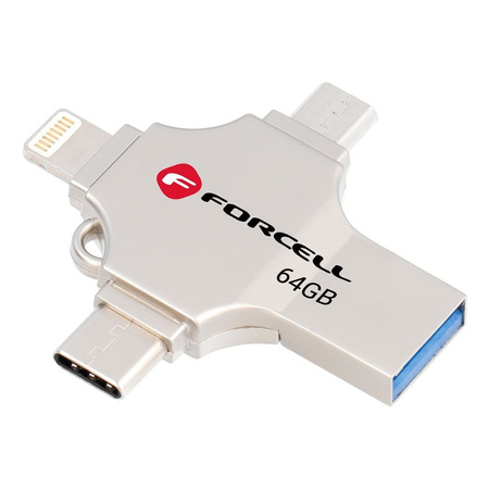 Pendrive 64GB USB 3.2 Gen 1 (USB A / USB C / Lightning / Micro USB) Forcell F-Data Metal Quad srebrny