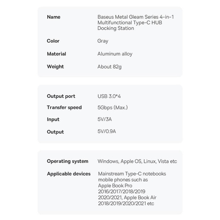 Baseus Metal Gleam Series 4 in 1 HUB Dockingstation USB Typ C – 4 x USB 3.2 Gen. 1 (WKWG070013)