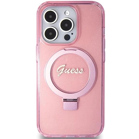 Guess Ring Stand Script Glitter MagSafe-Hülle für iPhone 15 Pro Max – Rosa