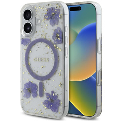 Oryginalne Etui IPHONE 16 Guess Hardcase Resin Flowers Glitter MagSafe fioletowe