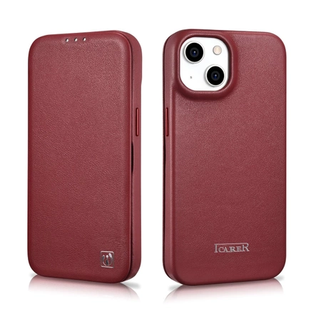 iCarer CE Premium Leather Folio Case skórzane etui iPhone 14 Plus z klapką magnetyczne MagSafe czerwony (WMI14220715-RD)