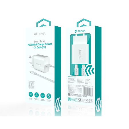 Devia ładowarka sieciowa Smart PD GaN 30W 1x USB-C biała + kabel USB-C - Lightning