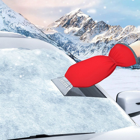 Skrobaczka do odśnieżania auta z rękawicą czerwona