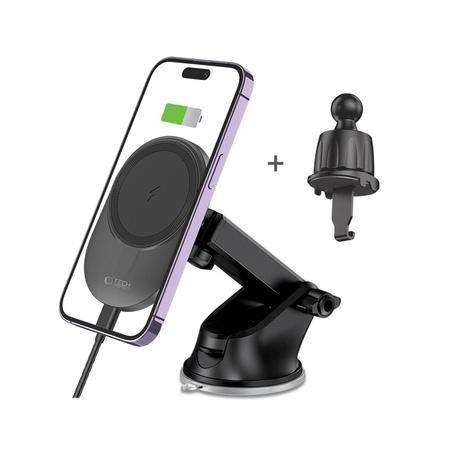 Magnetic Car Holder MagSafe with 15W Induction Charging for Dashboard / Ventilation Grille Telescopic Arm Tech-Protect MM15W-V1 black