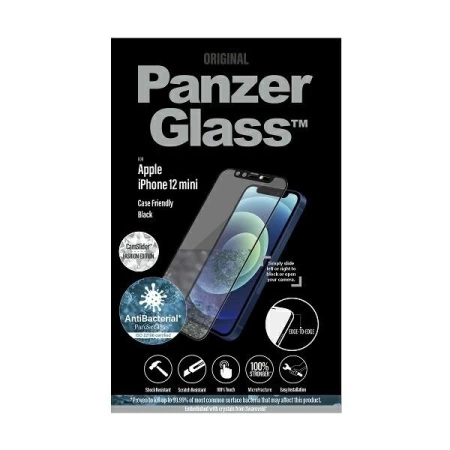 PanzerGlass E2E Microfracture Antibacterial Glass with Swarovsky Crystal Camera Cover for iPhone 12 mini - with Black Frame