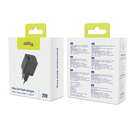 Allity ładowarka sieciowa GaN PD QC ATC-01-20WAC 1x USB-C 1x USB-A 20W czarna