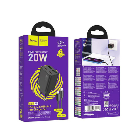 Ładowarka sieciowa do telefonu Hoco 2 x USB C + 2 x USB A QC3.0 PD 3A 20W + kabel USB C do Lightning N55 czarna
