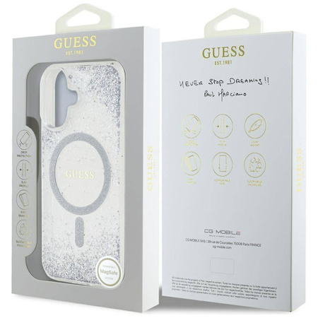 Schutzhülle IPHONE 16 Guess HC Resin Bottom Glitter silber