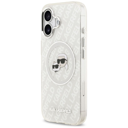 Karl Lagerfeld nakładka Magsafe IML glitter case metal camera frame and buttons Karl and Choupette heads on KL repeated logo do iPhone 17 szara