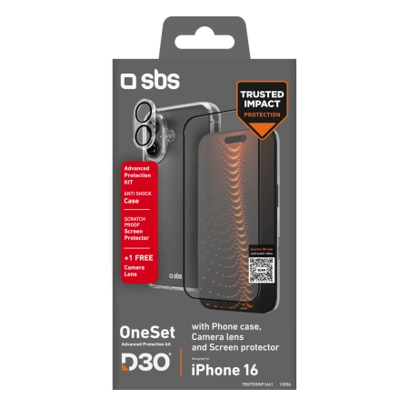 Zestaw SBS z technologią D3O na iPhone 16 – etui + szkło ochronne na ekran i aparat - przezroczyste