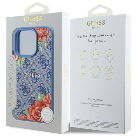 Etui Guess 4G Flowers Print MagSafe na iPhone 16 Pro - niebieskie