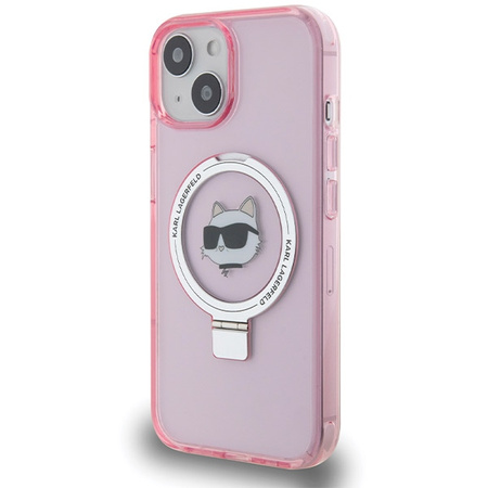 Karl Lagerfeld KLHMP15SHMRSCHP iPhone 15 6,1" rosa/rosa Hardcase Ringständer Choupette Head MagSafe
