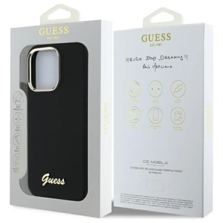 Guess Silicone Script Metal Logo &amp; Frame Case for iPhone 16 Pro Max - Black