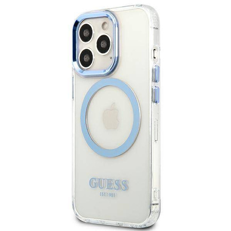 Original Handyhülle IPHONE 13 PRO Guess Hard Case Metal Outline Magsafe (GUHMP13LHTRMB) blau