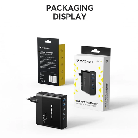 Ładowarka sieciowa GaN Wozinsky CGWCB 140W 3 x USB-C / 2 x USB-A - czarna