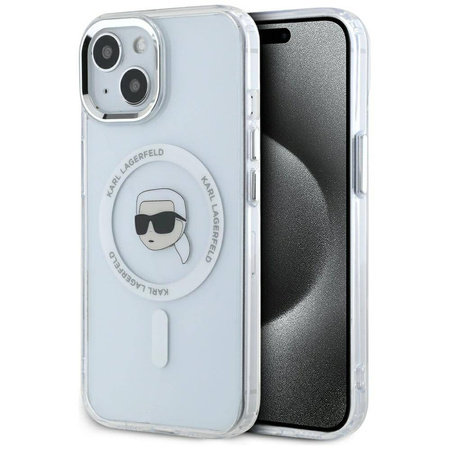 Oryginalne Etui IPHONE 15 Karl Lagerfeld Hardcase IML Metal Karl Head MagSafe białe