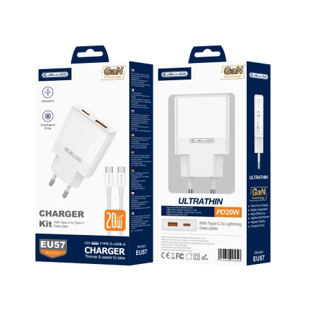 JELLICO wall charger EU57 PD 20W 1xUSB-C + 1xUSB QC3.0 + cable USB-C - USB-C White