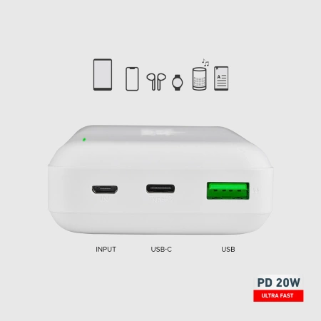 Powerbank SBS TTBB20000PD20W 20000 mAh 20W Power Delivery mit MicroUSB, USB-C, USB-A – Weiß
