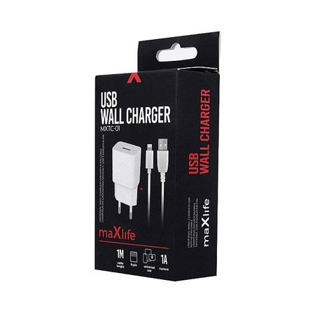 Ładowarka sieciowa Maxlife 1A + Kabel IPHONE Lightning (8 pin) biała