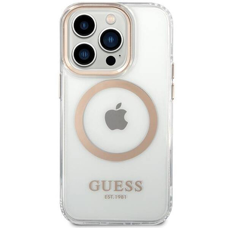 Original Case IPHONE 15 PRO Guess Hard Case Metal Outline Magsafe gold