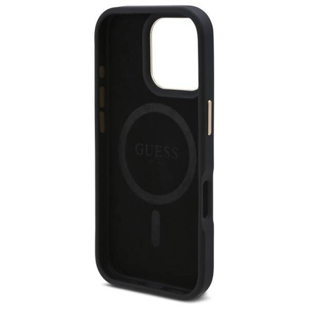 Original Handyhülle IPHONE 16 PRO MAX Guess Hardcase 4G Logo Plate MagSafe (GUHMP16XU4GPRK) schwarz