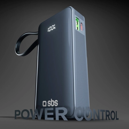 Powerbank SBS 10000 mAh 20W z wbudowanym kablem USB-C i wyświetlaczem cyfrowym - ciemnoszary