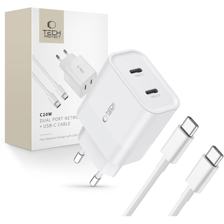 Wall Charger PD 20W 2x USB-C + Cable USB-C - USB-C Tech-Protect C20W white