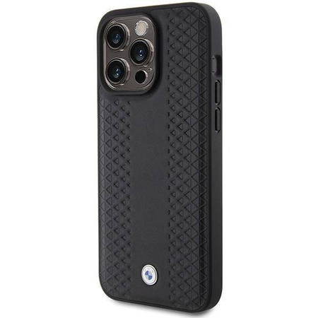 BMW Lederhülle mit Rautenmuster für iPhone 15 Pro – Schwarz