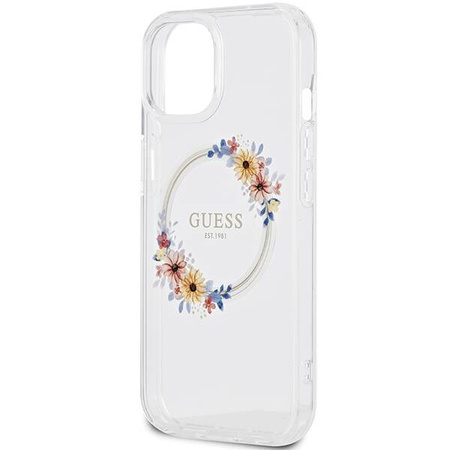 Oryginalne Etui GUESS Hardcase GUHMP15SHFWFCT do iPhone 15 (Kompatybilny z Magsafe / Flowers Wreath / transparent)