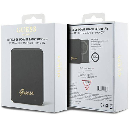 Guess powerbank indukcyjny 5W GUPBM3ALGSGK 3000mAh czarny MagSafe Metal Script Logo
