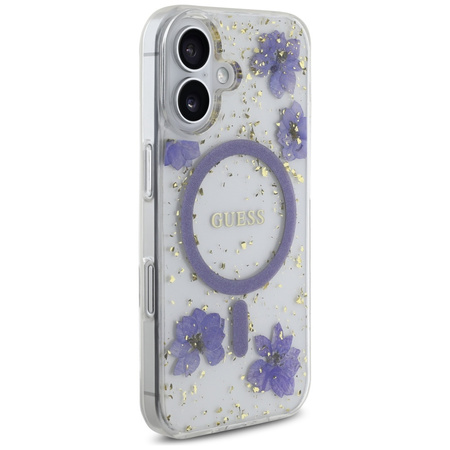 Oryginalne Etui IPHONE 16 Guess Hardcase Resin Flowers Glitter MagSafe fioletowe