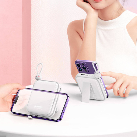 Joyroom power bank with USB C and Lightning cables and stand Cutie Series 10000mAh 22.5W white (JR-L008)