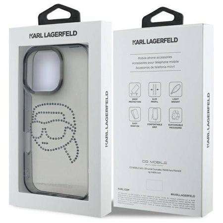 Original Handyhülle IPHONE 16 PRO MAX Karl Lagerfeld Hardcase IML Rhinestones Karl Head (KLHCP16XHKHDCELK) schwarz