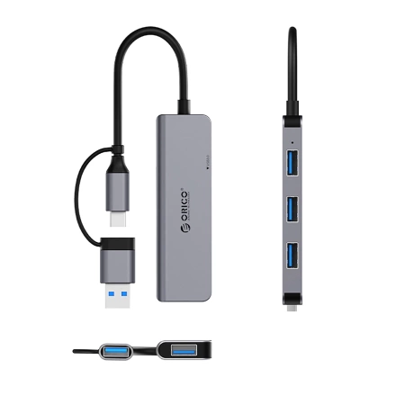 HUB 4-portowy input 2w1: USB-A/USB-C / output: 3x USB-A 2.0 + 1x USB-A 3.0 przewód 0,17M - szary