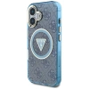 Guess IML Metal Glitter 4G Circle Triangle MagSafe Case für iPhone 16 - Blau