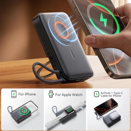 Joyroom JR-PBM02 Powerbank 22,5 W 10000 mAh 3-in-1 magnetisch induktiv kompatibel mit MagSafe mit integriertem Kabel – Schwarz