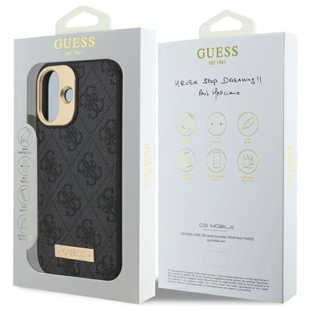 Original Handyhülle IPHONE 16 PLUS Guess Hardcase 4G Logo Plate MagSafe (GUHMP16MU4GPRK) schwarz