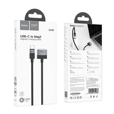 Kabel USB C do Mag3 Hoco 5A 140W magnetyczny 1,8 m U141 czarny