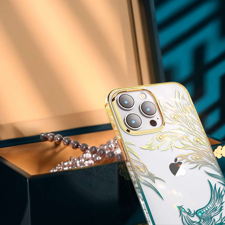 Luxuriöse iPhone 14 Pro-Hülle mit Kingxbar Phoenix-Kristallen – Gold und Blau