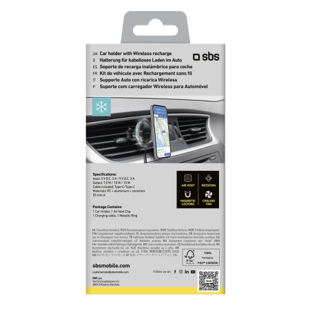 Uchwyt na smartfona z ładowarką indukcyjną SBS TESUPFANWIR15W 15W na kratkę nawiewu, z chłodzeniem - czarna