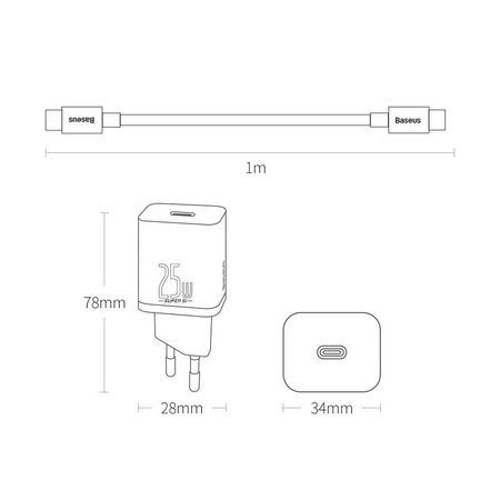 Baseus Super Si szybka ładowarka sieciowa Quick Charge 3.0 Power Delivery 25W 3A + Kabel USB Typ C - USB Typ C 3A 1m biały (TZCCSUP-L02)