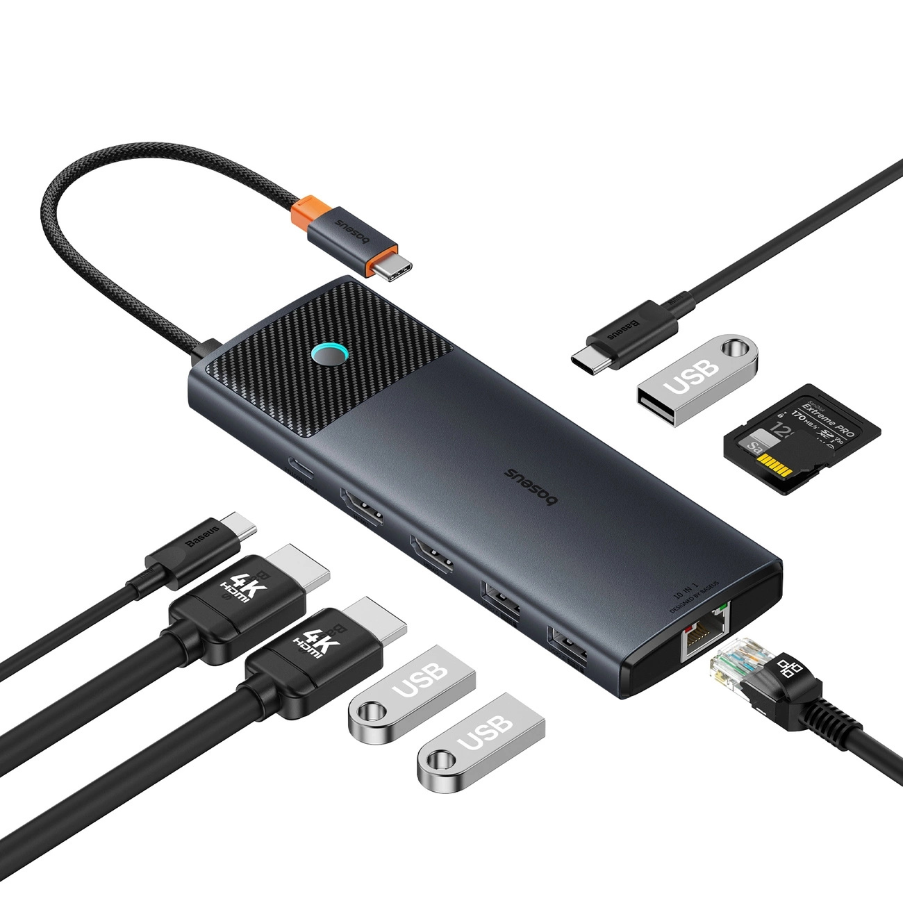 HUB 10w1 Baseus Metal Gleam Series USB-C do USB-C PD / USB-C / 3x USB-A / 2x HDMI / RJ-45 / SD / TF - czarny