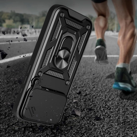 Etui Hybrid Armor Camshield na iPhone 17 Pro pancerne z podstawką i osłoną aparatu - czarne