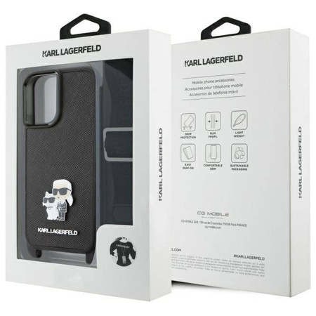 Original Case IPHONE 16 Karl Lagerfeld Hardcase Saffiano Karl&Choupette Metal Pin CBDY Strap (KLHCP16SSAKCPBK) black