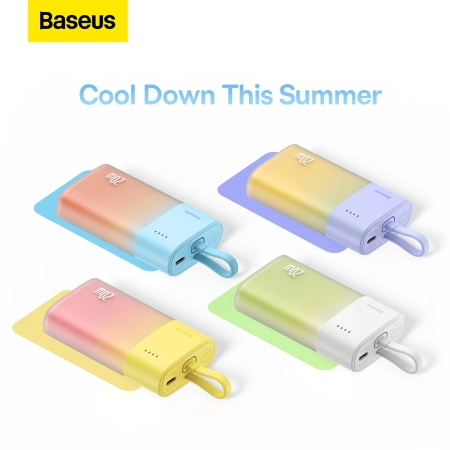Baseus Popsicle 5200 mAh 20 W Powerbank mit integriertem Lightning Kabel (+ weißes Baseus Simple USB-C – USB-C 60 W/20 V/3 A/30 cm Kabel) – gelb-rosa