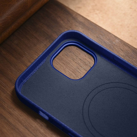 iCarer Litchi Premium Leather Case skórzane etui iPhone 14 magnetyczne z MagSafe ciemnoniebieski (WMI14220709-DB)